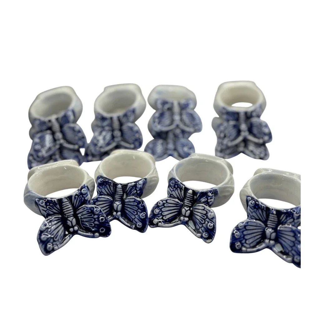 Vintage Handcrafted Butterfly‎ Napkin Rings Set of 8 Blue White Ceramic Decor